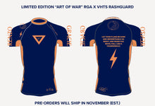 Load image into Gallery viewer, Renzo Gracie and VHTS collaboration short-sleeve rashguard. Art of War quote on the back says: &quot;Let your plans be dark and impenetrable as night, and when you move, fall like a thunderbolt.&quot; Dark navy blue with copper and cream accents.
