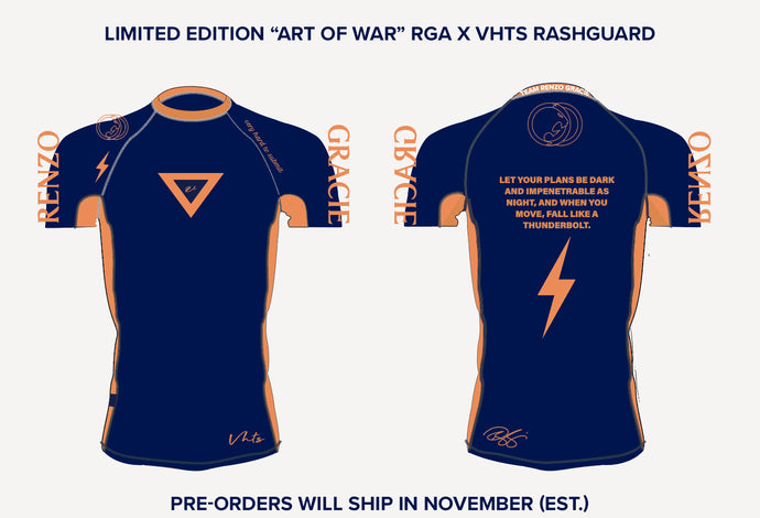 Renzo Gracie and VHTS collaboration short-sleeve rashguard. Art of War quote on the back says: 